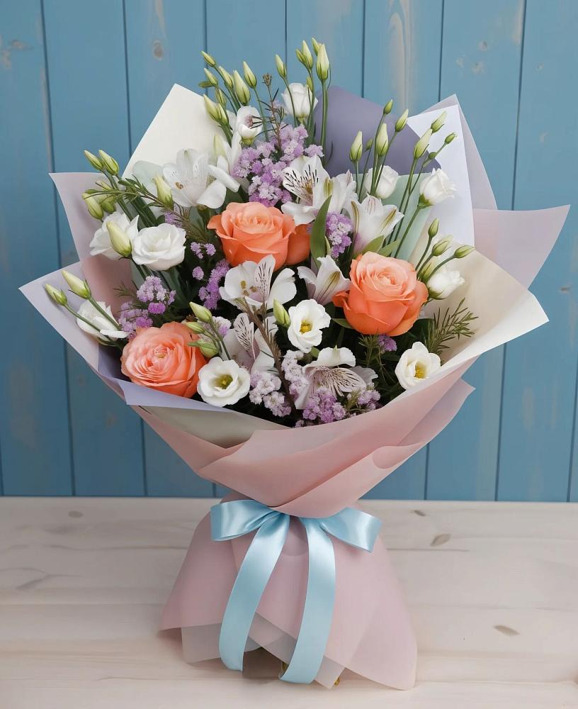 Букет цветов из: Лизиантусы, Розы, Альстромерии и Гипсофила в Коркмаскале