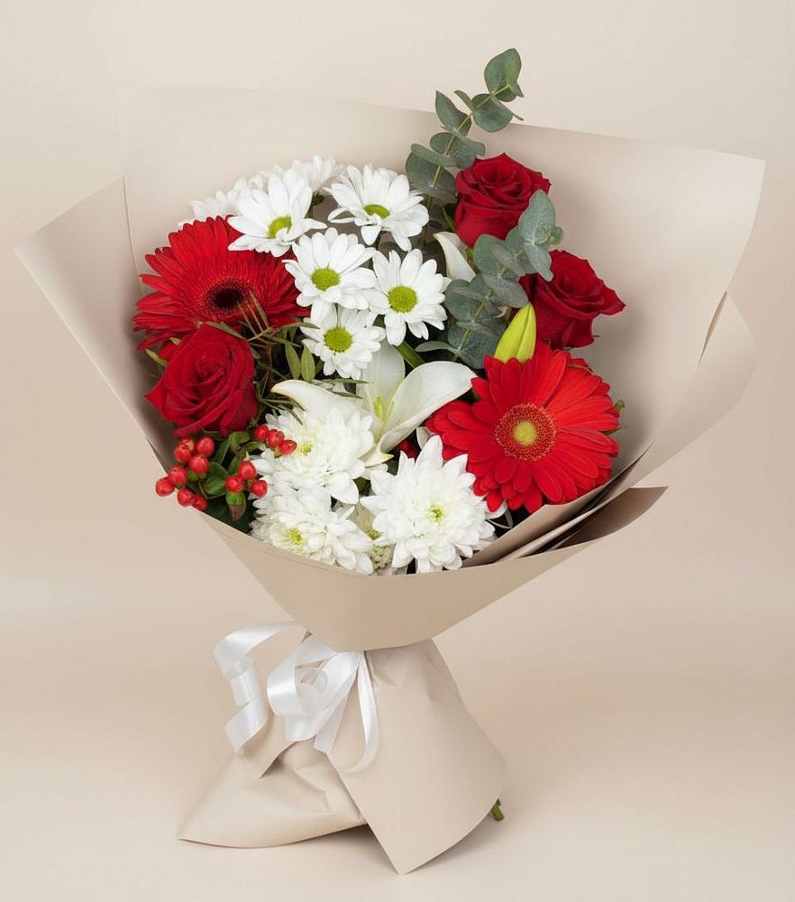 Букет цветов из: Розы, Хризантемы, Герберы и Лилии в Коркмаскале