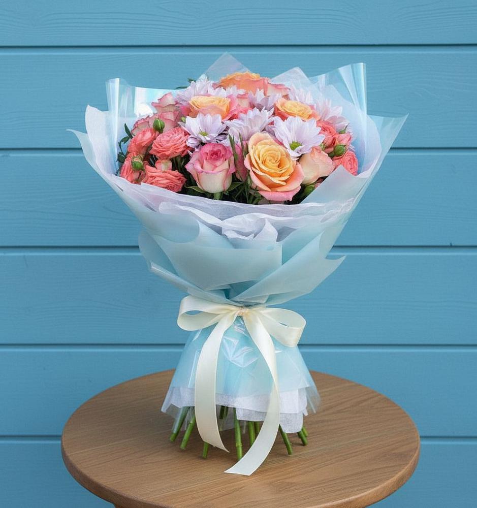 Букет цветов из: Хризантемы и Розы в Коркмаскале