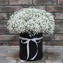 Цветочная композиция из Гипсофила в шляпной коробке в Коркмаскале